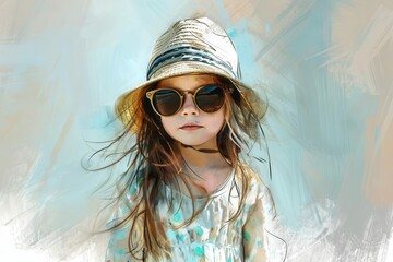 Wall Mural - adorable little girl in trendy sunhat and shades playful summer portrait digital sketch