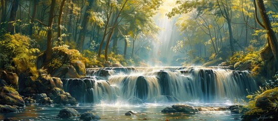 Waterfall in a Sunlit Forest
