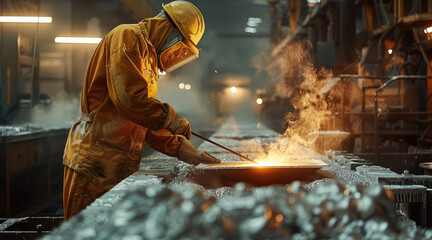 A worker in workwear working in a factory, melting of aluminium. Melting metal. Metallurgical plant, smelting shop. Generative AI.