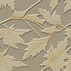 Wall Mural - Embossed autumn marple leaves 3d seamless pattern. Branches leaves relief background. Repeat textured vector backdrop. Surface emboss leaves. 3d endless ornament with embossing effect. Leafy texture