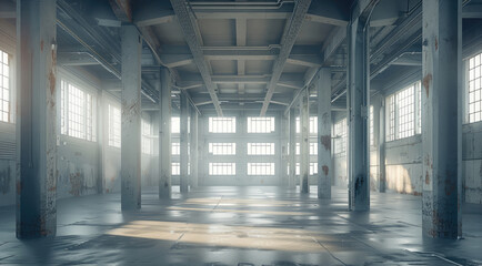 Poster - A huge industrial space made of cement, vintage high tech, practical light. Generative AI.