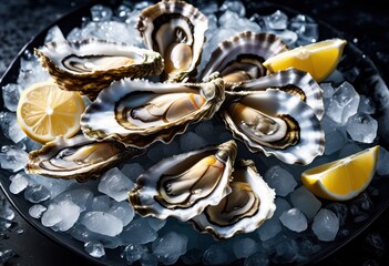 Wall Mural - fresh oysters arranged ice bed seafood display, arrangement, shellfish, chilled, raw, culinary, delicacy, marine, delicatessen, appetizer, gourmet, cuisine