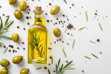 Fresh olives and oil in bottle sprinkled with rosemary on white background with scattered spices seen from above Idea of organic olive oil