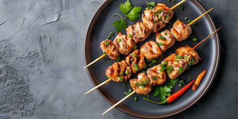 Wall Mural - Top view of yakitori plate on plain background. Concept Food Photography, Japanese Cuisine, Top View Angle, Yakitori Skewers, Plain Background