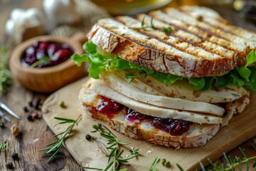 Wall Mural - Gourmet panini with turkey or chicken brie or Camembert lettuce cranberry chutney on grain bread with flax seed Selective focus