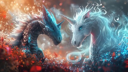 Wall Mural -  Two dragons, one white and one blue, stand atop a vibrant field of intermingled green and red
