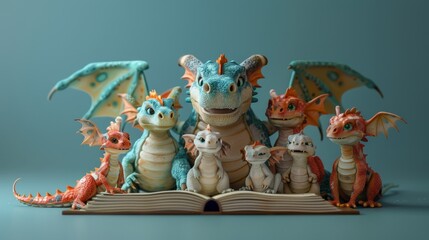 Poster -  Dragon figurines atop an open book, seated in front