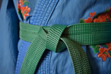 Green belt and blue kimono against gray background close up