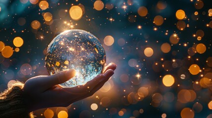 Wall Mural - A hand holds a crystal ball in front of a hazy backdrop of golden and blue lights