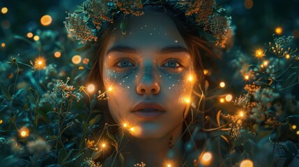 Wall Mural - Woman with radiant eyes and floral wreath, encircled by lights