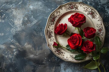 Canvas Print - Red Roses on Ornate Plate