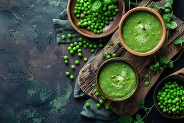 Wall Mural - Green pea soup on rustic wooden board Overhead view