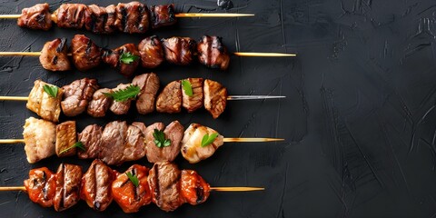 Wall Mural - Global meat skewers from brochettes to kebabs served elegantly and perfectly cooked. Concept International Cuisine, Exquisite Presentation, Perfectly Grilled, Meat Skewers, Gourmet Experience