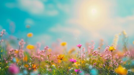 Canvas Print - Blurred springtime landscape with a blue sky and flower meadow in the background