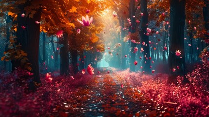 Wall Mural -  A forest teeming with countless trees, their branches adorned with abundant pink and orange foliage At its heart, a beacon of light