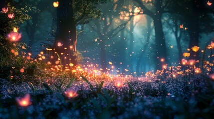  A lush green forest teeming with numerous fireflies flying above