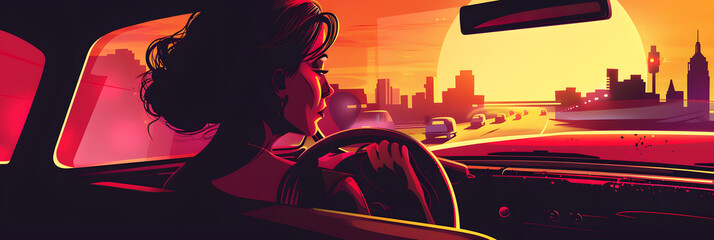 Wall Mural - girl sitting in back seat and looking through taxi window at sunset