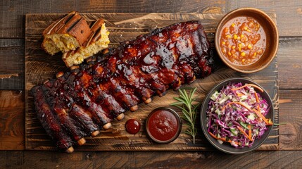 Canvas Print -  A wooden cutting board holds ribs coated in BBQ sauce and coleslaw, accompanied by a separate bowl of coleslaw