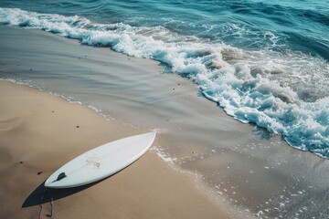 Poster - Surfboard on Sandy Beach at Shoreline Edge