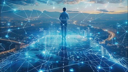 Aufkleber - Man who is walking on a transparent blue platform above a city and connected dots symbolizing a network. Generative AI.