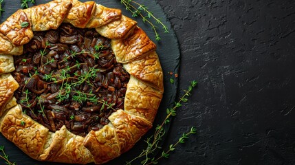 Sticker -  A pastries' top is adorned with mushrooms against a black backdrop; green sprigs crown the arrangement