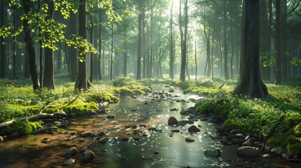 Wall Mural -  A stream winds through a verdant forest, surrounded by an abundance of emerald grass and trees on either bank