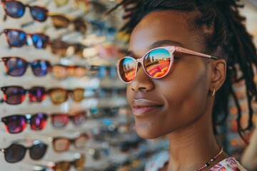 Wall Mural - Woman Trying on Sunglasses in a Store