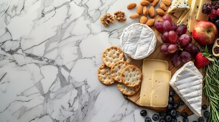 Wall Mural -  A marble board holds a selection of cheeses, crackers, grapes, nuts, and more grapes against amarble backdrop
