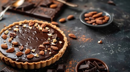 Wall Mural -  A chocolate tart sits atop a table, accompanied by a spoon and a bowl of nuts and chocolate