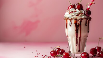 Poster -  Milkshake with whipped cream, cherries, and chocolate drizzle against a pink backdrop