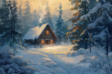 Wall Mural - cozy cabin nestled in snowy winter forest enchanting woodland landscape digital painting