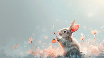  A painting of a rabbit in a field of flowers holding a bug in its paws and a butterfly near its mouth