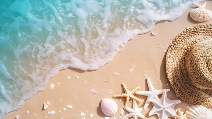 seashell, starfish and beach accessories on the beach