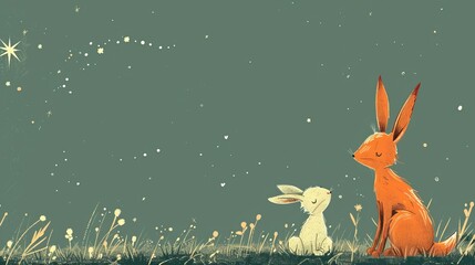 Wall Mural -  A painting of a rabbit in a grassy field beneath star-filled night sky Rabbit sits serene, surrounded by long blades