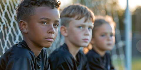 Wall Mural - Youth Soccer Academy Team. Three football players who are substitute bench players are both ready to play and watching the game. Youngsters wearing black soccer jerseys