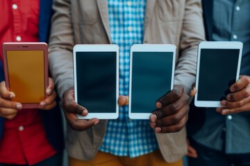 Poster - Title: Diverse Group Holding Smartphones

Keywords: diverse