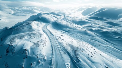 Canvas Print -  A bird's-eye perspective of a snow-capped mountain with a road in the foreground and a blue sky overhead