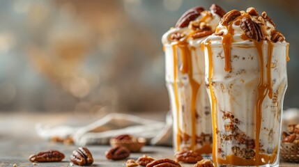 Wall Mural -  A tight shot of a dessert in a glass, adorned with pecans and scattered nuts nearby