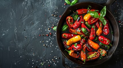  A skillet overflowing with red and green peppers on a weathered wooden table, dusted with pinches of salt and pepper