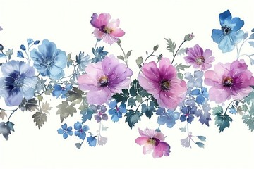 Wall Mural - delicate watercolor illustration of vibrant floral border with pink purple and blue flowers on white background