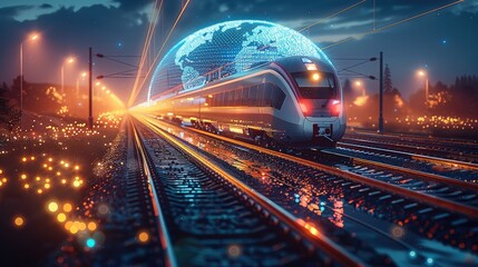 Aufkleber - A train during day with light grid world map blue overlay concept of connectivity. Generative AI.