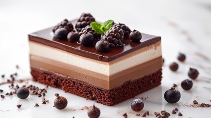 Wall Mural -  A cake slice sits atop a white table, surrounded by chocolate chips and a mint sprig