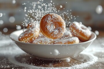 Wall Mural - Powdered Sugar Donuts in Mid-Air