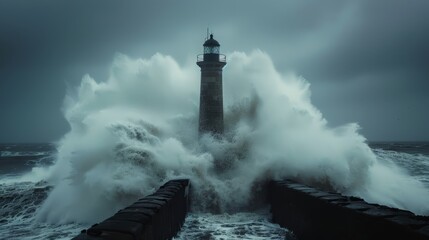 Naklejka na meble  A lighthouse stands amidst the ocean, surrounded by a towering wave The structure remains undeterred, as the crest crashes over its peak