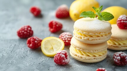 Sticker -  A stack of macaroni and cheese pastries with raspberries and sliced lemons on a gray table