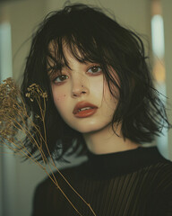 Wall Mural - Portrait of a young woman with short black hair.