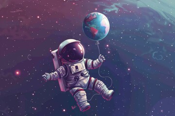 astronaut in space holding earth balloon