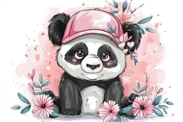 Canvas Print - Cute Panda with Pink Hat and Flowers