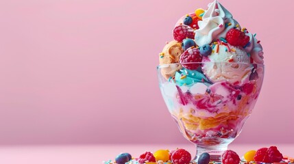 Sticker - fruits and sprinkles against pink background, backed by a pink backdrop