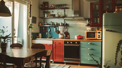 Wall Mural - A charming mid-century modern kitchen with a mix of red, blue, and green kitchen cabinets, harmonized by a wooden dining table.